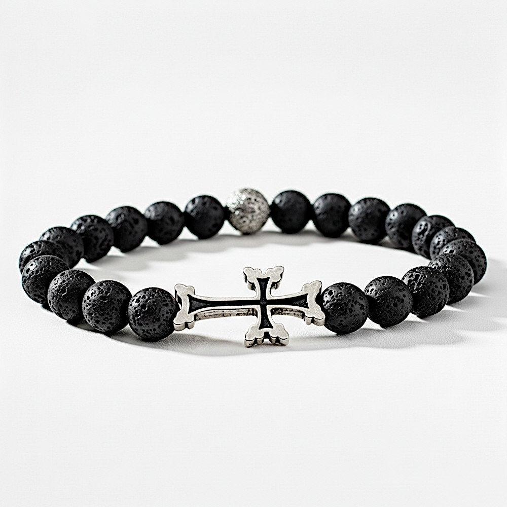 Plaqué Argent Vieilli - Noir Pierre de lave - 18cm