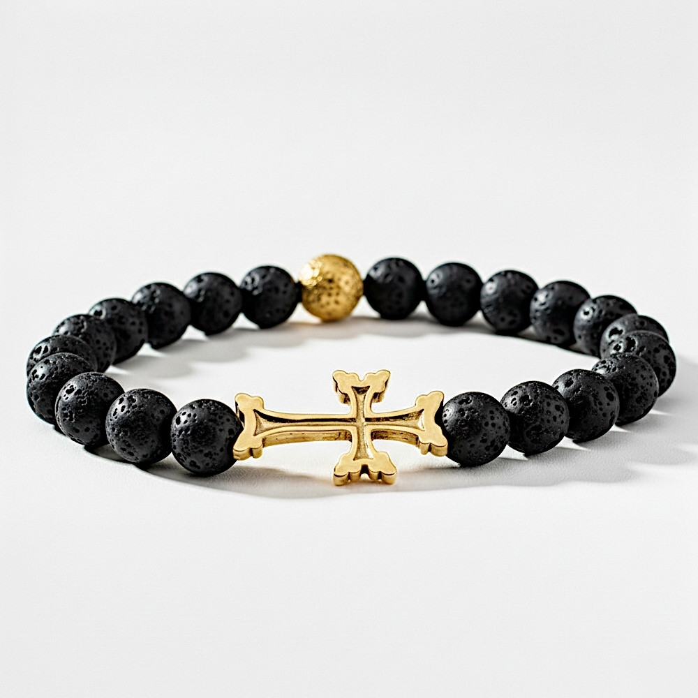 Plaqué Or - Noir Pierre de lave - 22cm