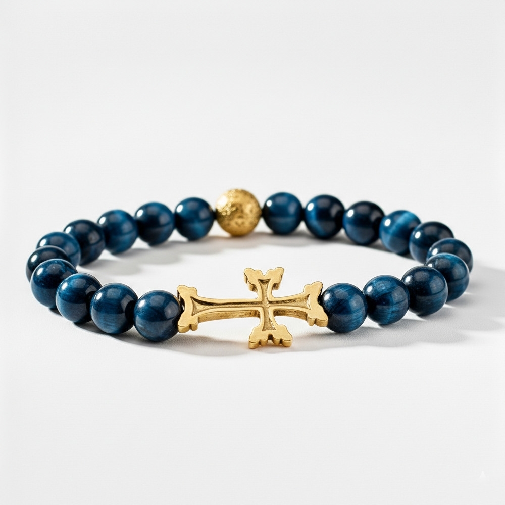 Plaqué Or - Oeil de Tigre Bleu - 20cm (Standard)